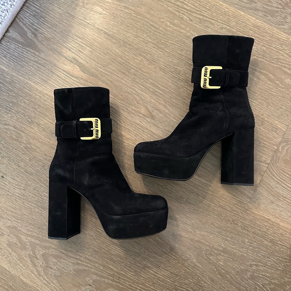 Miu Miu Black Suede Heeled Boots with Gold Buckle - Picture 2 of 3